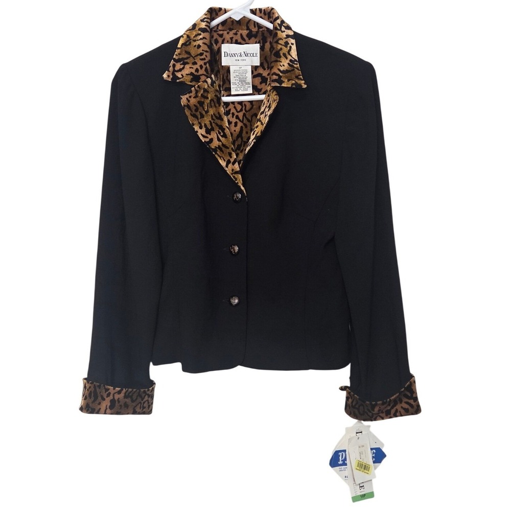Danny & Nicole Womens Black‎ Leopard Print Trim Blazer Jacket 10P NWT Mob Wife